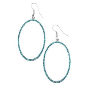 Blue Rhinestone Silver Oval Dangle Earrings